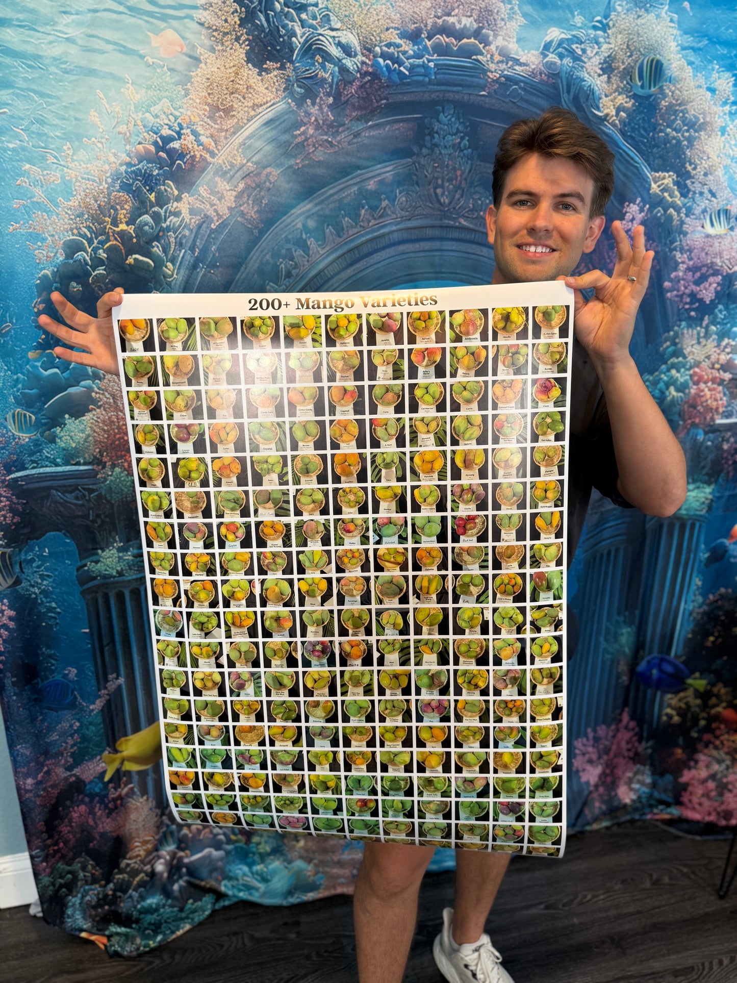 Person holding a large grid of small images against a colorful underwater-themed backdrop
